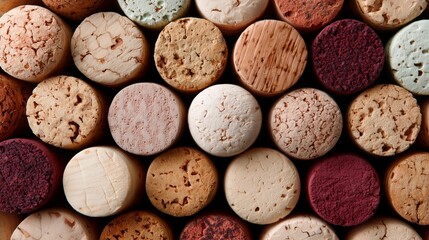 Close-up of assorted wine corks showcasing diverse textures and hues, perfectly aligned in a captivating geometric pattern.
