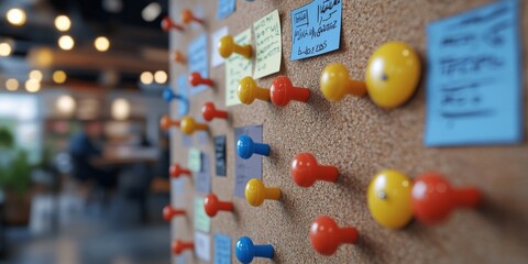 Colorful pushpins securing notes on corkboard in busy office setting