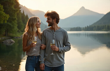 Fototapeta premium Young happy couple with wine glasses enjoys lake view at sunset. Man and woman in casual clothes share romantic moment with mountains and forest background. Peaceful nature scene, golden hour.