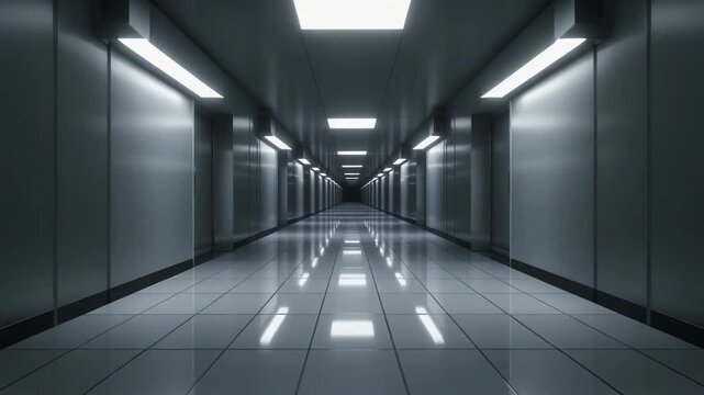 Symmetrical Futuristic Corridor with Fluorescent Lights and Elevators (10