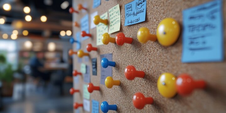 Colorful pushpins securing notes on corkboard in busy office setting