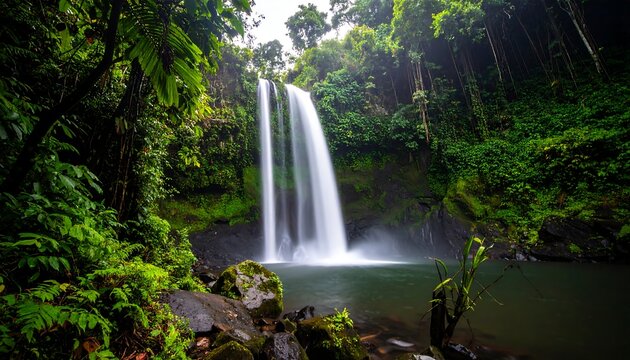 Lush waterfall cascades into a serene pool surrounded by vibrant green foliage in a tropical forest setting - Powered by Adobe
