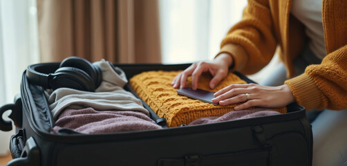 Female packs clothes in suitcase. Woman prepares travel bag for a journey. Girl puts passport on top of clothes. Headphones lie inside the suitcase. Preparing for vacation or business trip.