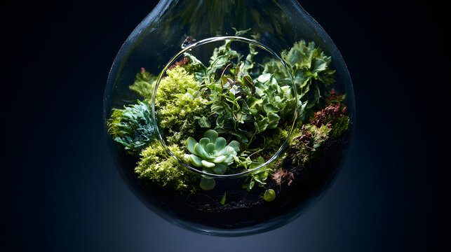 terrarium. A lush globe terrarium with vibrant greenery, showcasing nature in a contained ecosystem. travel magazines, destination branding, designed for outdoor magazines and nature guides.