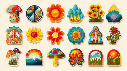 Vintage Vector Characters in 70s Hippie Pop Art Style with Mushrooms.