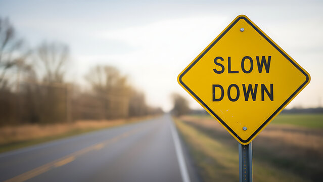 Yellow traffic sign slow down on blurred road symbolizes caution and safety 88503148 1