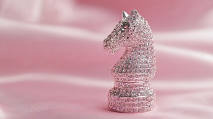 Pink chess knight figure, rhinestone covered, soft pink background, high-gloss lighting, luxury product photography, jewelry aesthetic, premium collectible, brand campaign visual, diamond, copy space.