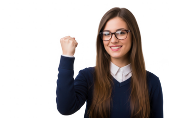 Confident young woman with glasses clenching fist, smiling brightly, showcasing success, strength, victory and achievement