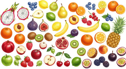 Vibrant watercolor of diverse fresh, ripe fruits scattered on a transparent background with copy space, overhead, healthy eating concept