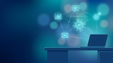 Laptop with ai chip and data icons, symbolizing automation and connectivity