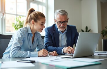 Senior businessman, young woman discuss project on laptop. Two professional colleagues work together in modern office. Collaborate on finance strategy, share ideas, plan company success. Mentor