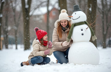 Mother and daughter build snowman in snowy park. Family enjoys winter outdoor activity, creating winter character. Woman and child happily play in cold snowfall.