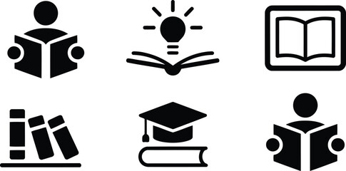 Essential collection of six black icons representing education, reading, knowledge, and academic pursuits on white