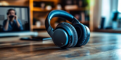 Wireless headphones lying on desk with blurred it specialist making video call