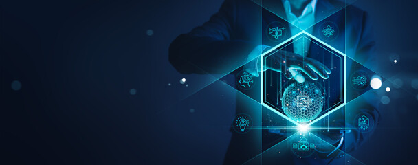 Fototapeta premium Ai technology and network of business, Businessman management and control Ai Artificial Intelligence on data global networking. Data Science, Cloud computing and big data digital for future.