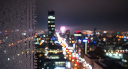 Night city lights blurred out of focus with frosty pattern