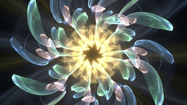Vibrant glowing abstract spiral flower with neon petals, luminous energy design, futuristic art style, soft light streaks, high-resolution digital artwork.