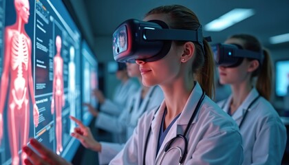 Female students wear VR headsets, study human anatomy. Interact with digital holograms on large screens in modern lab. Tech helps learn medicine, prepare future doctors for surgery, patient care,