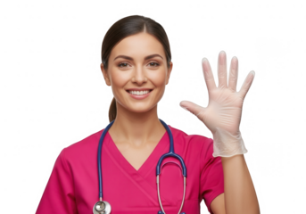 Smiling female doctor in pink scrubs with stethoscope showing a clear protective glove, health professional.