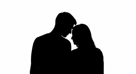 Silhouette of a couple embracing intimately against a white background.
