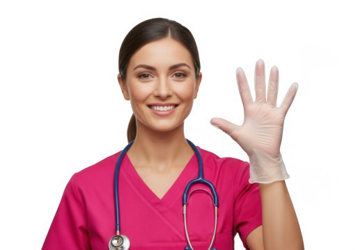 Smiling female doctor in pink scrubs with stethoscope showing a clear protective glove, health professional.