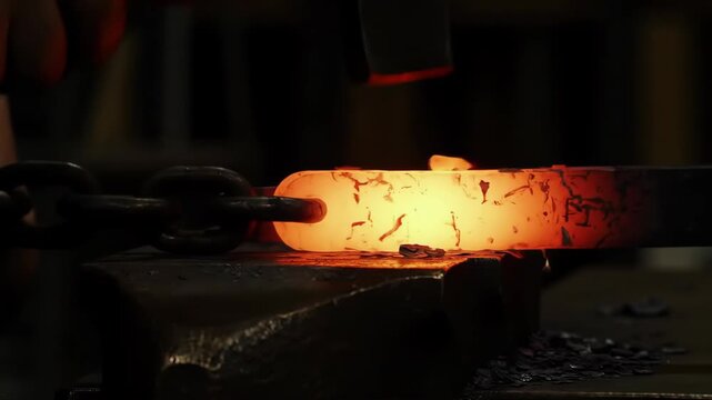 Close-up of glowing hot metal being forged in a blacksmith shop.