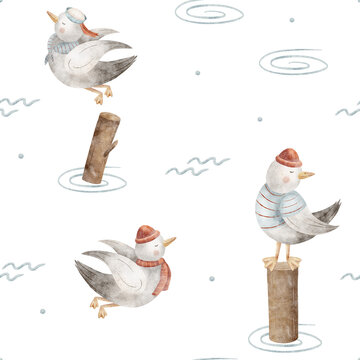 Pattern seagulls sailors standing on log, flying over water swirl. Hand-drawn watercolor illustration in children's marine style. Seamless print isolated from background for design clothing wallpaper