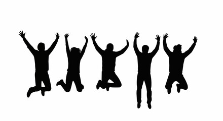 Black silhouettes of a group of five people jumping with joy.