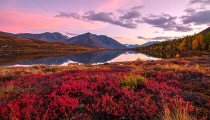 A breathtaking lake reflects red autumn foliage, golden trees, and snow-capped mountains beneath a pastel sky.