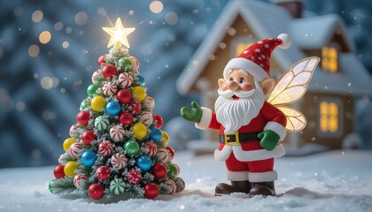 Dolce Natale delle fiabe: nanetto con albero di caramelle e dolciumi