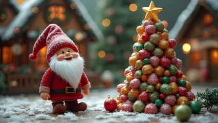 Dolce Natale delle fiabe: nanetto con albero di caramelle e dolciumi