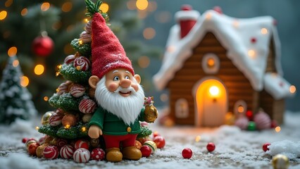 Dolce Natale delle fiabe: nanetto con albero di caramelle e dolciumi