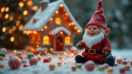 Dolce Natale delle fiabe: nanetto con albero di caramelle e dolciumi