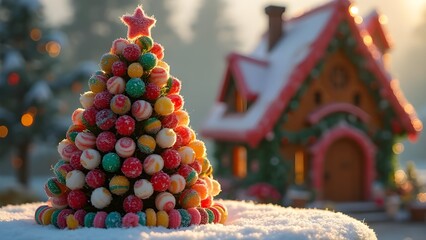Dolce Natale delle fiabe: nanetto con albero di caramelle e dolciumi