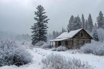 Snowstorm engulfs rustic wooden cabin surrounded by snow covered trees and bushes full hd 4k stock image download