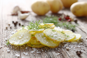 Dill Salt Potato Slices on Wood