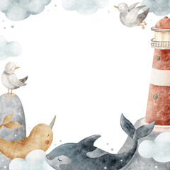 Fototapeta premium Narwhal, killer whale, seagulls, lighthouse on sea rock, flying in clouds. Watercolor illustration in nautical children's style, hand-drawn, isolated from background for design templates, frames cards