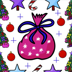Colored hand-drawn vector seamless pattern, New Year's bag with gifts, New Year's balls and Christmas trees on a white background