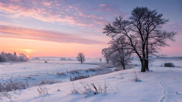 Pastel sunrise over a snow covered meadow with frosted trees and a winding path full hd 4k stock image download - Powered by Adobe