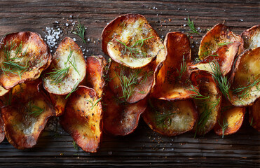 Roasted Dill Potato Chips on Wood
