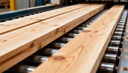 Close-up of multiple light wooden planks being transported on an automatic roller conveyor in a lumber mill.