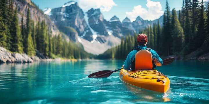 Kayaker exploring moraine lake in banff national park, canadian rockies