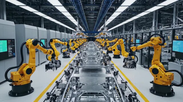 Automated car manufacturing plant with robotic arms assembling vehicle chassis on a modern production line