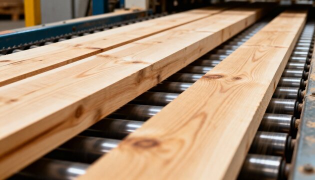 Close-up of multiple light wooden planks being transported on an automatic roller conveyor in a lumber mill.