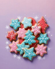 Colorful Christmas holiday dessert cookies arranged on purple background  