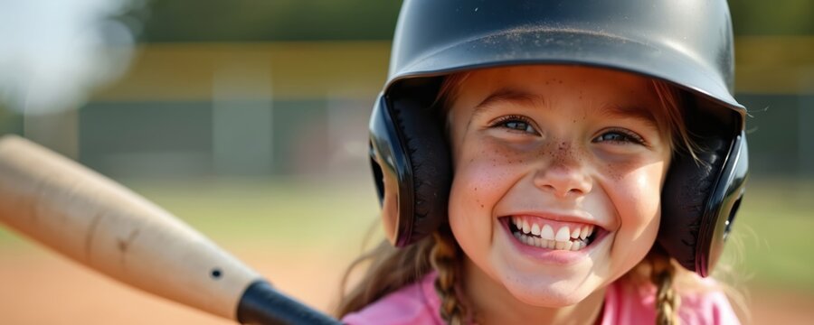Happy young girl with a baseball bat. Child wearing helmet smiles widely on a field. Portrait of kid looking at camera in sunny day at sports activity. - Powered by Adobe