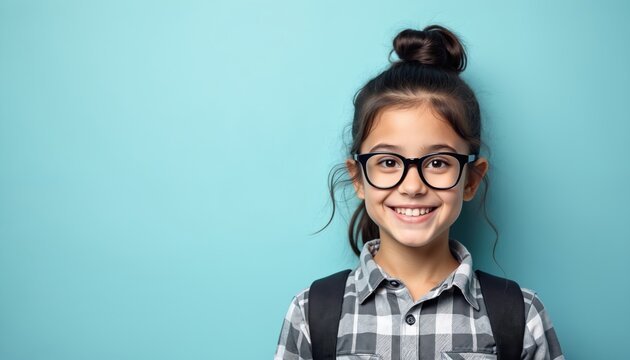 Young girl wearing glasses and backpack smiles confidently against blue backdrop. She has a friendly, intelligent look, ready for school or learning adventures with her studious appearance.