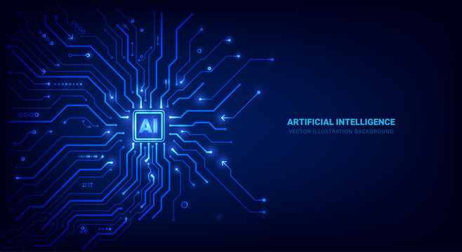 Futuristic circuit board background with glowing blue lines. Technology and artificial intelligence concept. High tech digital network vector illustration. EPS10.