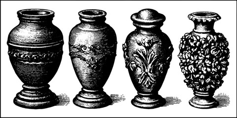 Ceramic vases in various styles. Elegant and ornate black and white illustration of traditional pottery set for display, vector artwork.