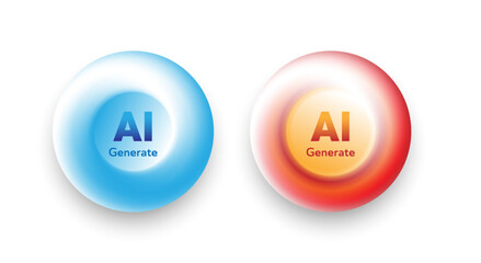 AI Generate button icon set. Glossy round 3D web elements for user interface design. Artificial intelligence symbol vector illustration. EPS10.
